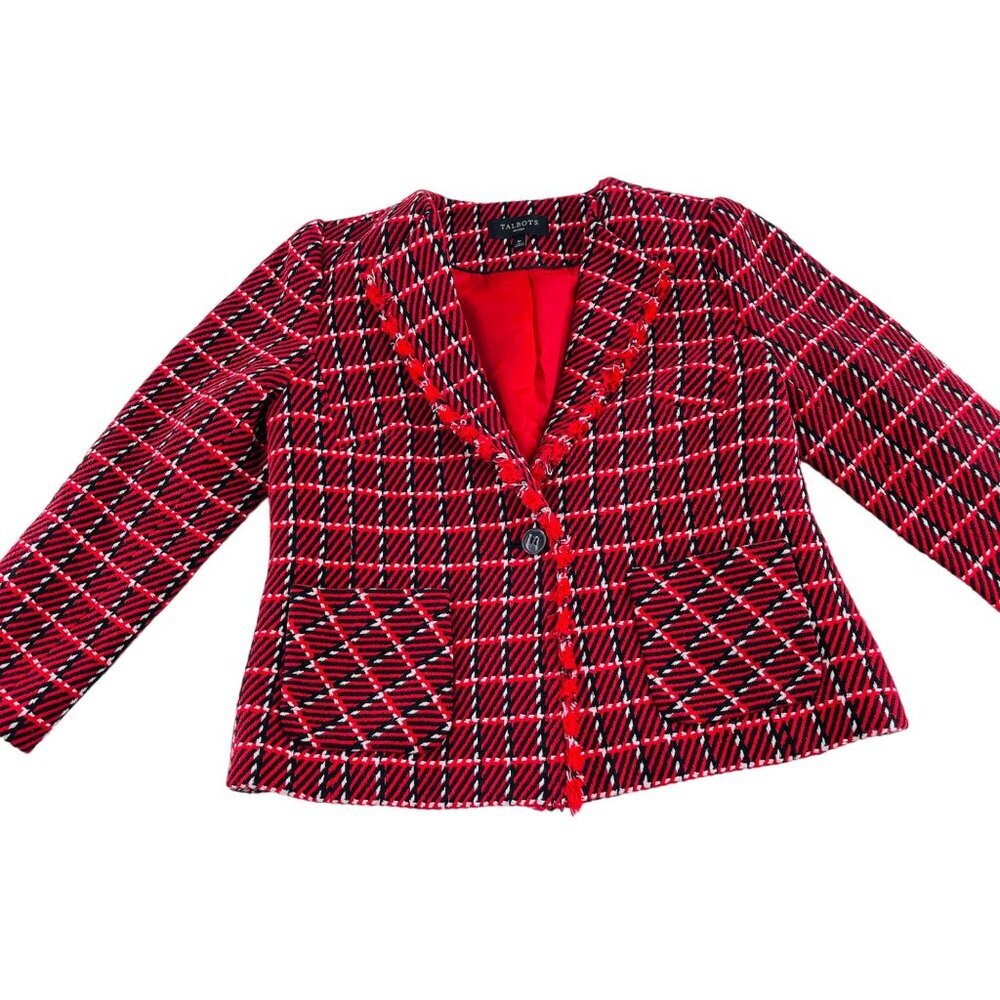 Talbots Red & Black Plaid Womens Blazer Jacket Button Front Pockets Size M